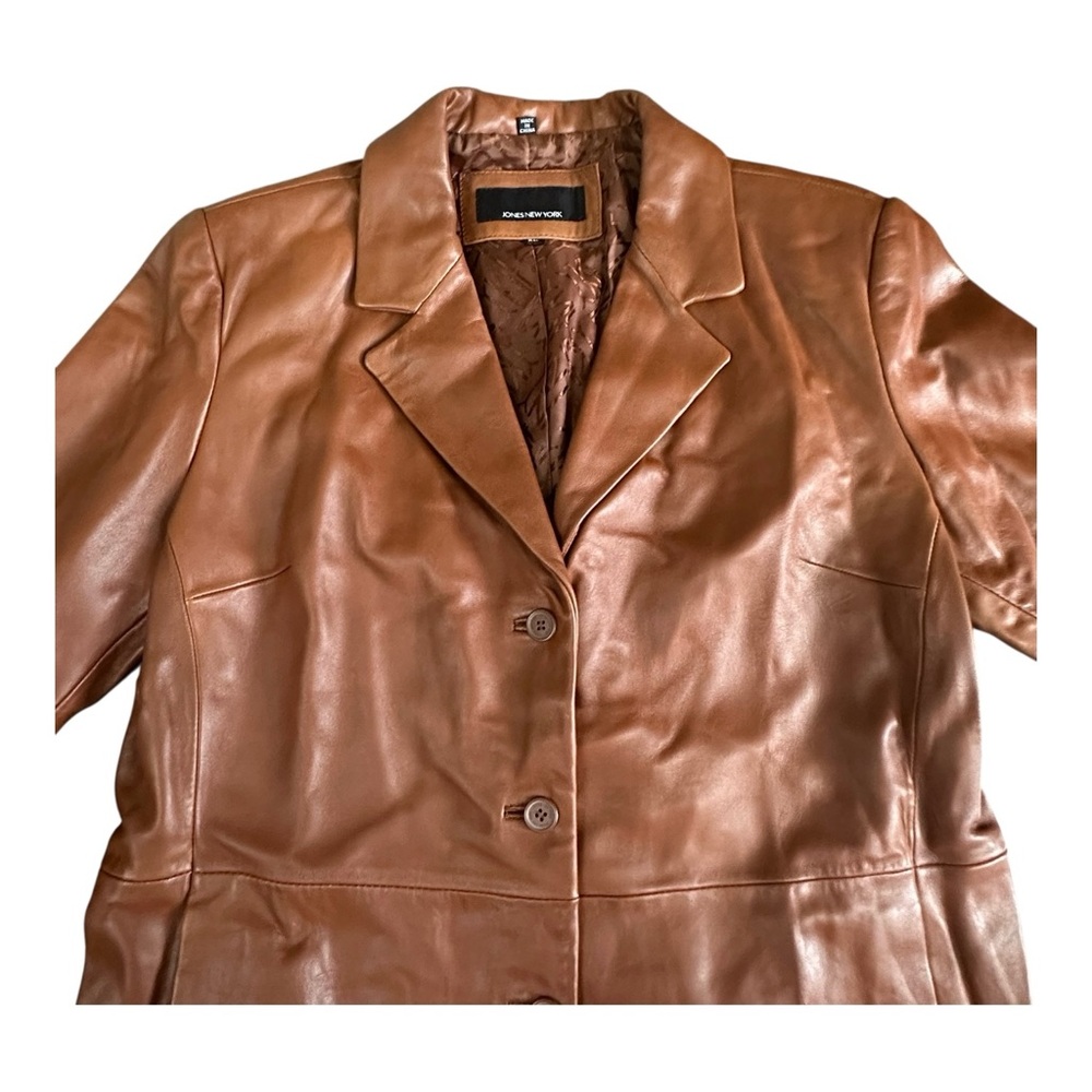 Jones New York Women’s XL Genuine Leather Blazer Cognac Brown Button Jacket - Picture 3 of 7